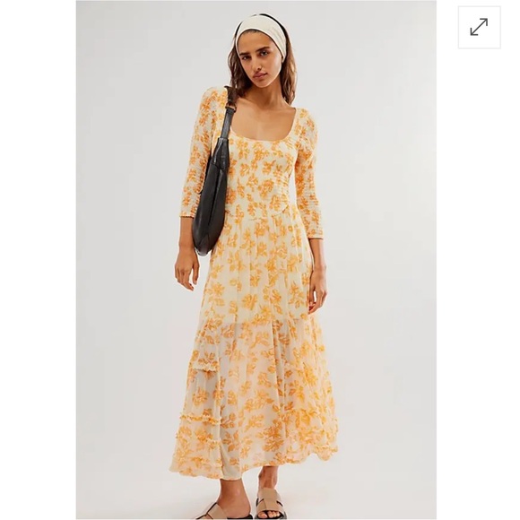 Free People It’s Fate MIDI Floral Print Dress Yellow Custard Combo Size Large - Picture 1 of 16